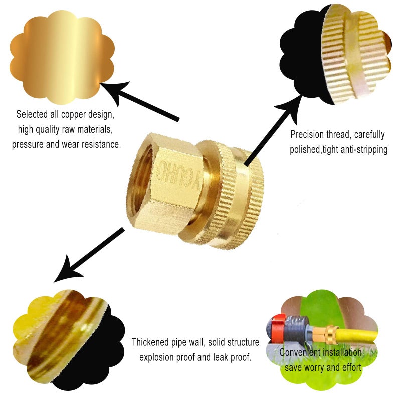 YOUHO 2 Pcs 3/4 GHT (F) to 1/2 NPT (F) Solid Brass Garden Hose Fittings Connectors Adapter Heavy Duty Brass Repair Double Female Water Hose Connector - Image 5